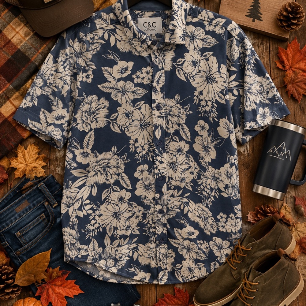 C&C California Blue and White Floral Camp Shirt